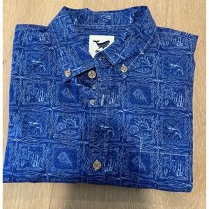 Yiume Mens XXL Blue Print Hawaiian Button 100% Cotton Ocean Shirt Line Drawing